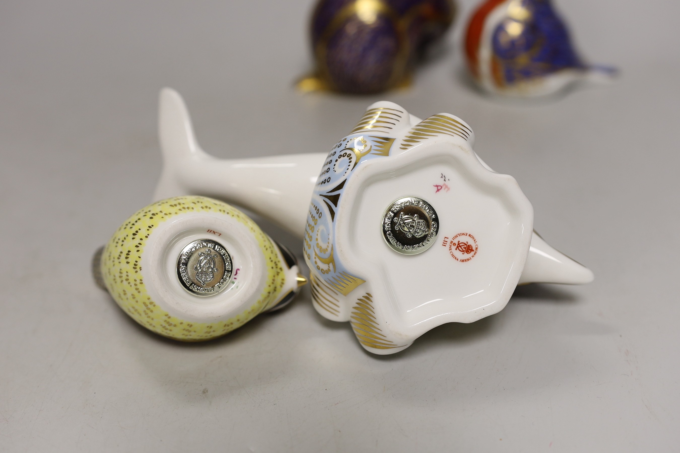 Four Royal Crown Derby paperweights - dolphin, badger and two birds